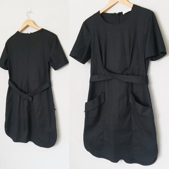 A.L.C. Dresses & Skirts - A.L.C. Linen Blend Twist Belted Mini Shift Dress 8 Short Sleeve Black Pocket LBD